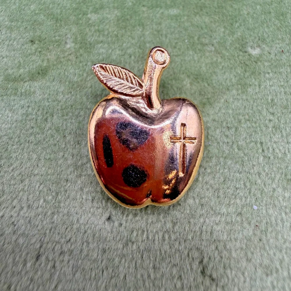 Gold Tone Apple Cross Lapel Pin Teacher Christian Brooch 0.75in